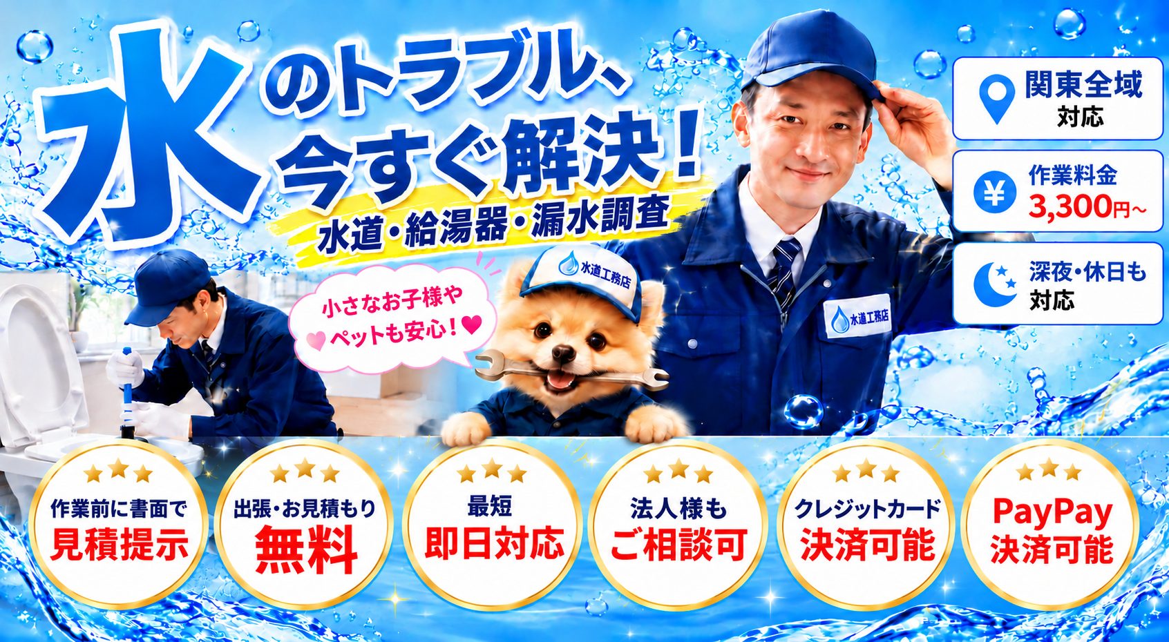 水道工務店。水道・給湯器のトラブル、漏水調査に対応。関東全域（離島を除く）。作業料金3,300円から、深夜・休日も対応。作業前に見積提示。出張・お見積もり無料。法人様もご相談可。クレジットカード・PayPay決済可能。