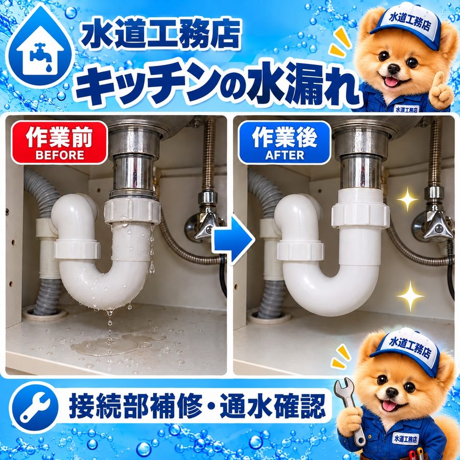キッチン下の排水接続部の水漏れ補修比較